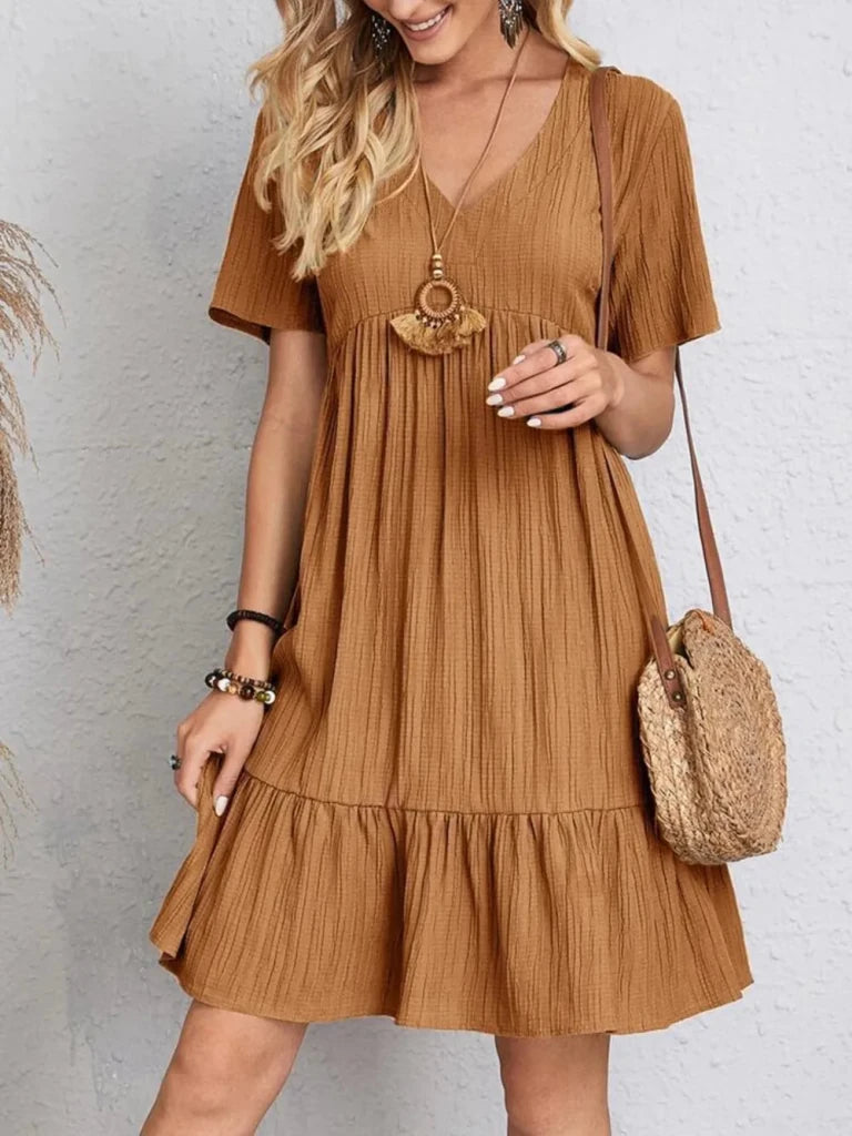 Full Size V - Neck Short Sleeve Dress - Camel by Trendsi from FREYA’S CLOSET