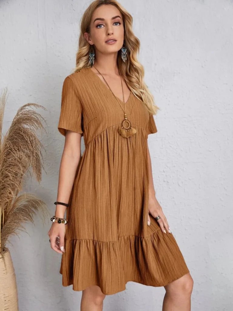 Full Size V - Neck Short Sleeve Dress - Camel by Trendsi from FREYA’S CLOSET