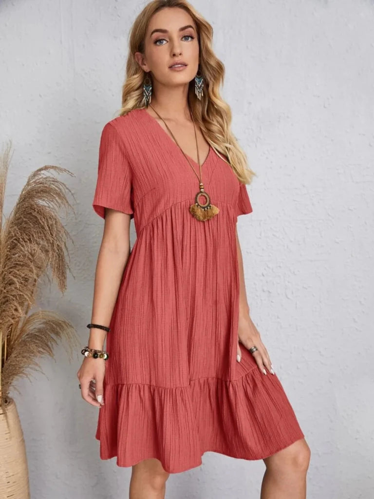 Full Size V - Neck Short Sleeve Dress - Coral by Trendsi from FREYA’S CLOSET