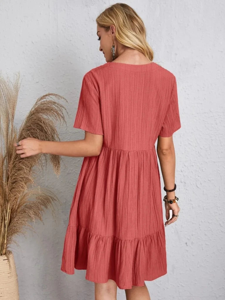 Full Size V - Neck Short Sleeve Dress - Coral by Trendsi from FREYA’S CLOSET