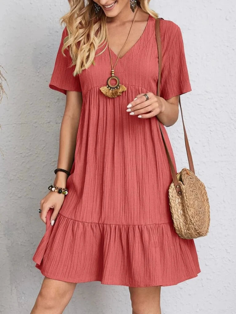 Full Size V - Neck Short Sleeve Dress - Coral by Trendsi from FREYA’S CLOSET