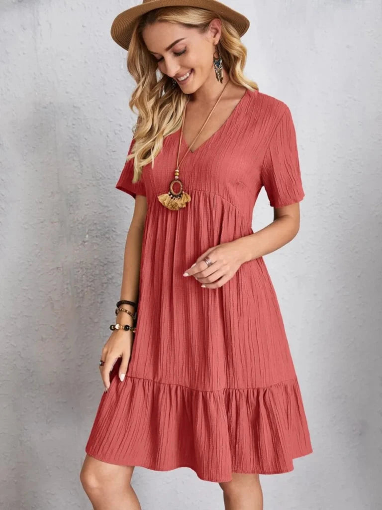 Full Size V - Neck Short Sleeve Dress - Coral by Trendsi from FREYA’S CLOSET