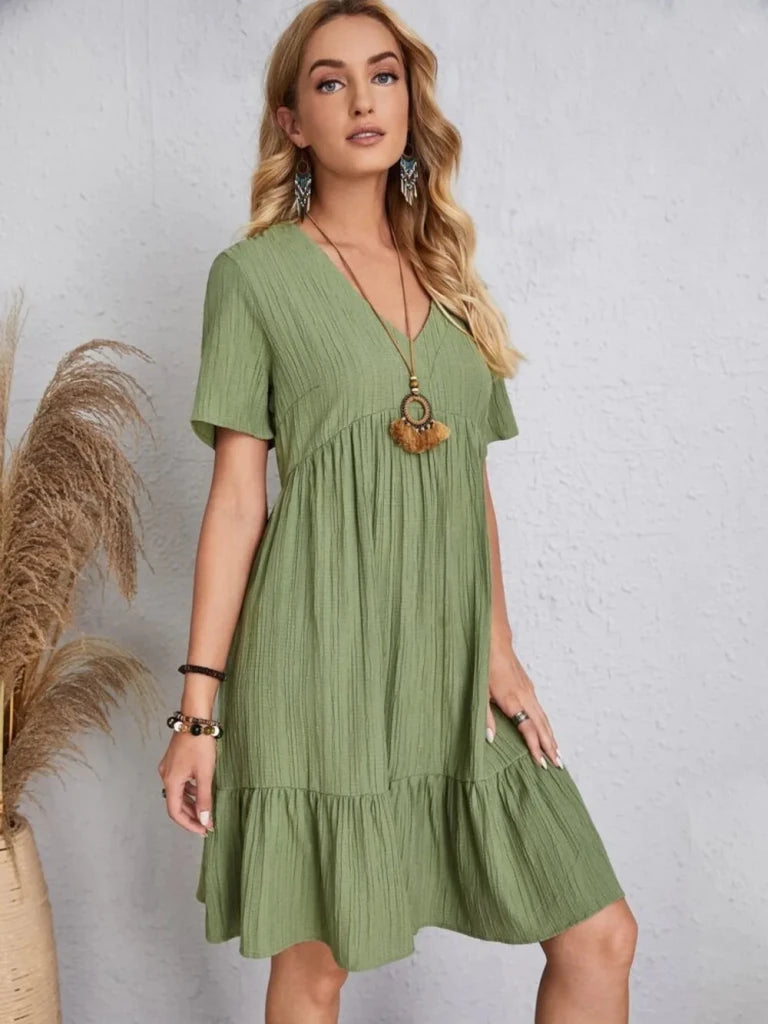 Full Size V - Neck Short Sleeve Dress - Light Green by Trendsi from FREYA’S CLOSET