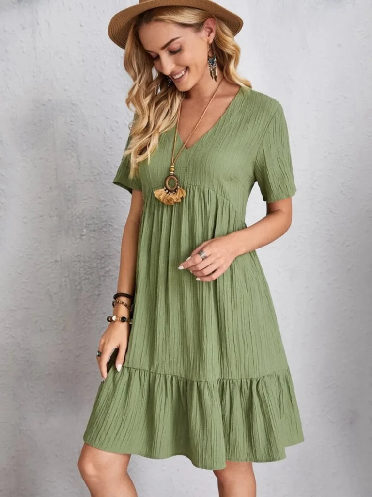 Full Size V - Neck Short Sleeve Dress - Light Green by Trendsi from FREYA’S CLOSET