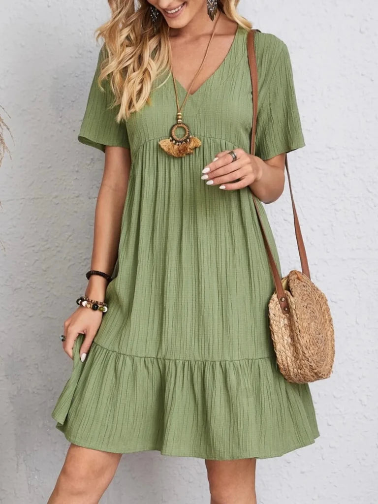 Full Size V - Neck Short Sleeve Dress - Light Green by Trendsi from FREYA’S CLOSET