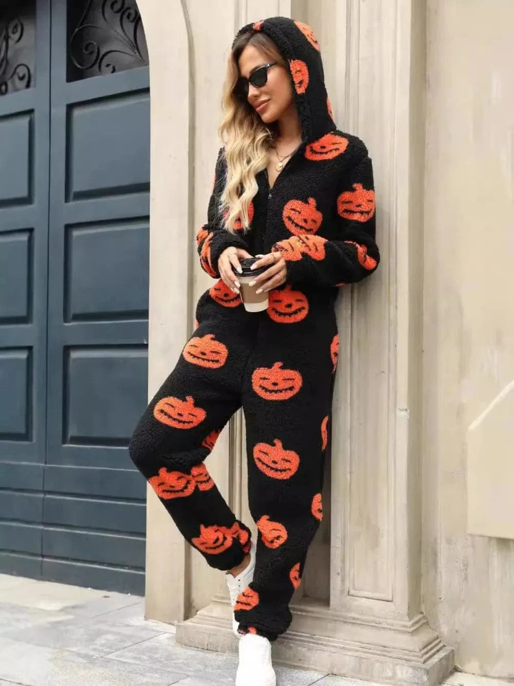 Trendsi Bottoms Fuzzy Pumpkin Half Zip Hooded Jumpsuit