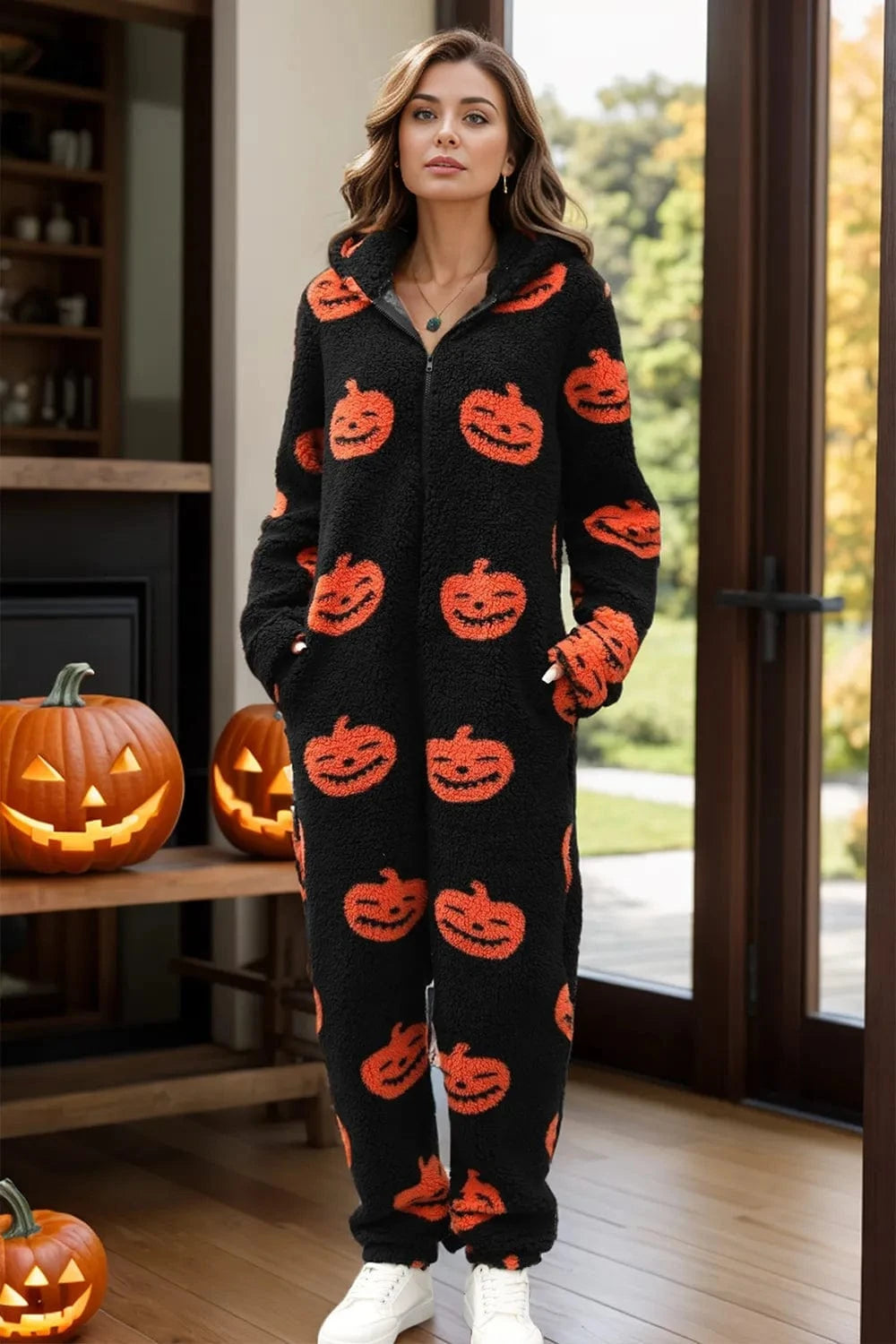 Trendsi Bottoms Black / S Fuzzy Pumpkin Half Zip Hooded Jumpsuit