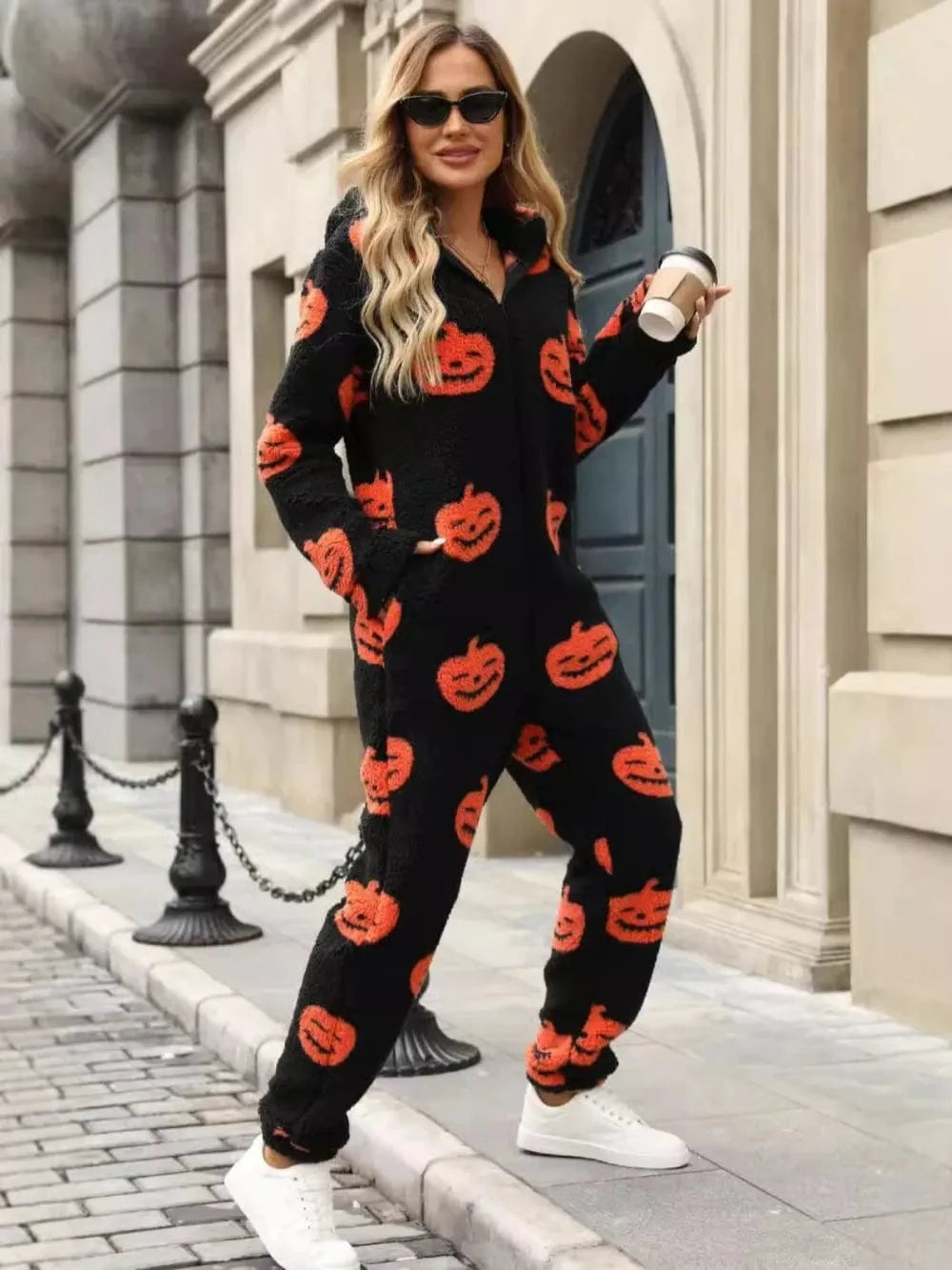 Trendsi Bottoms Fuzzy Pumpkin Half Zip Hooded Jumpsuit