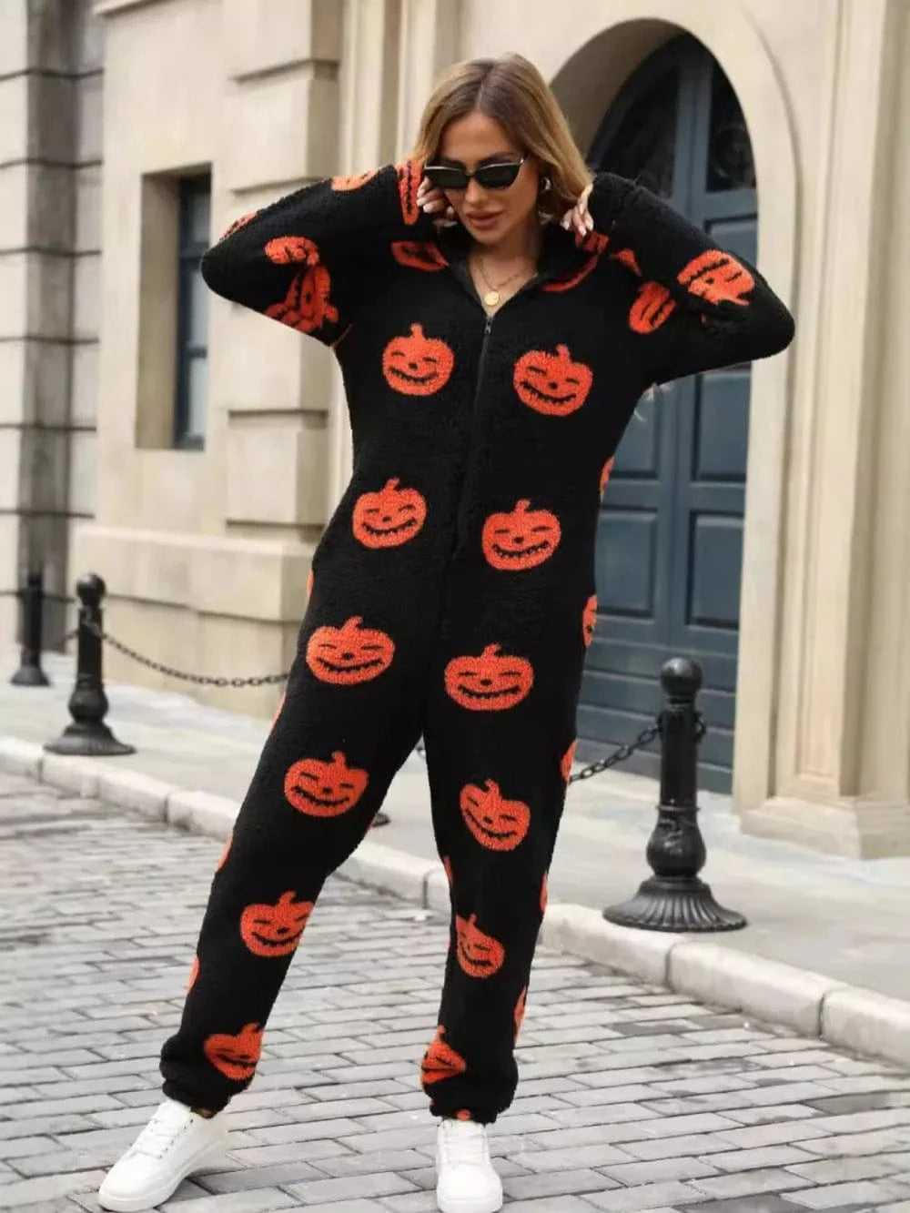 Trendsi Bottoms Fuzzy Pumpkin Half Zip Hooded Jumpsuit