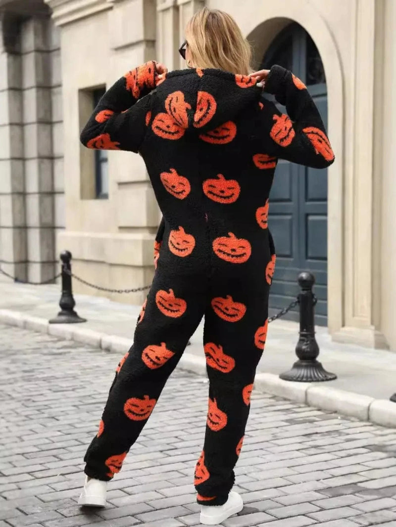 Trendsi Bottoms Fuzzy Pumpkin Half Zip Hooded Jumpsuit