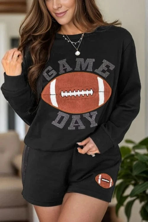 Trendsi Bottoms Black / S GAME DAY Football Round Neck Long Sleeve Top and Shorts Set