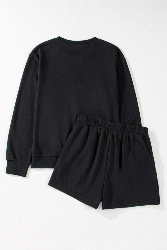 GAME DAY Football Round Neck Long Sleeve Top and Shorts Set - Black by Trendsi from FREYA’S CLOSET