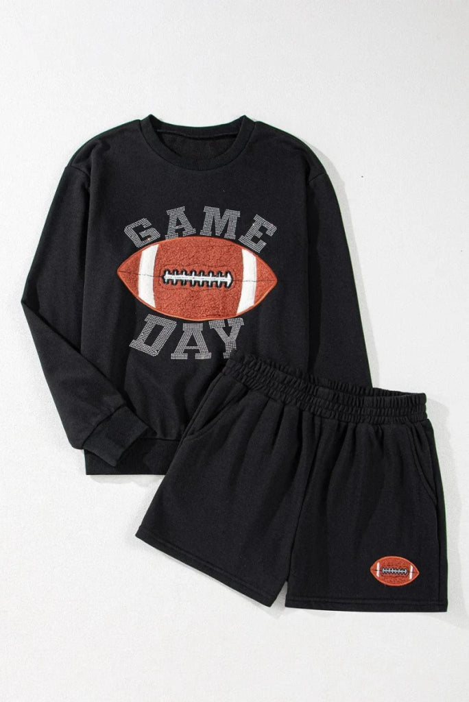 GAME DAY Football Round Neck Long Sleeve Top and Shorts Set - Black by Trendsi from FREYA’S CLOSET