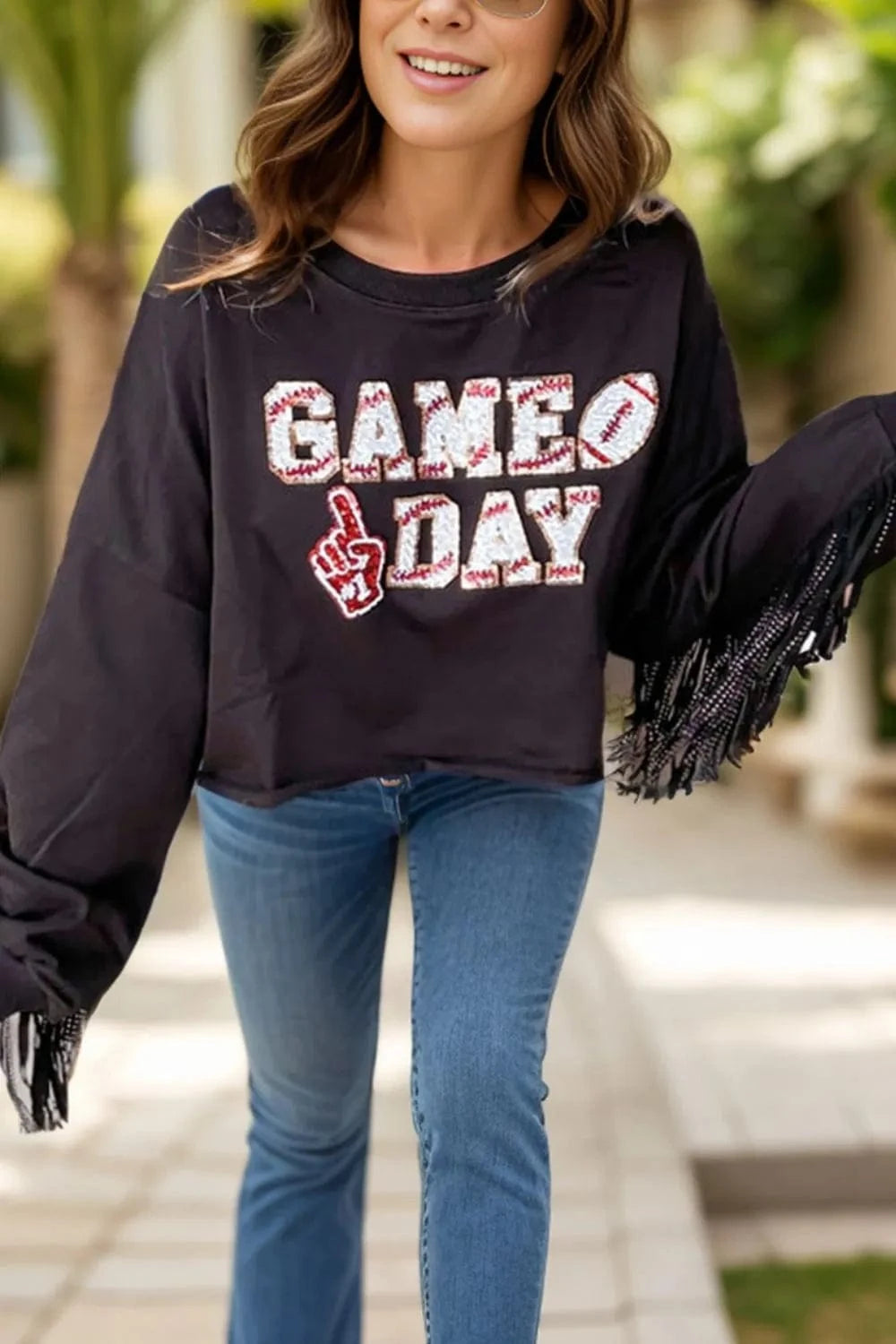 Trendsi Shirts and Blouse Black / S GAME DAY Fringe Long Sleeve Sweatshirt