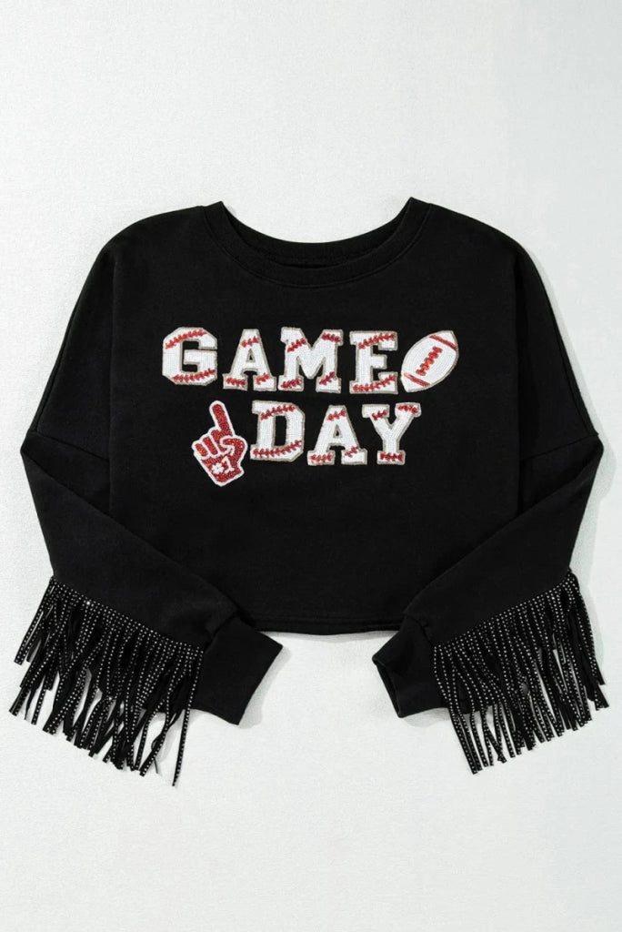 GAME DAY Fringe Long Sleeve Sweatshirt - Black by Trendsi from FREYA’S CLOSET