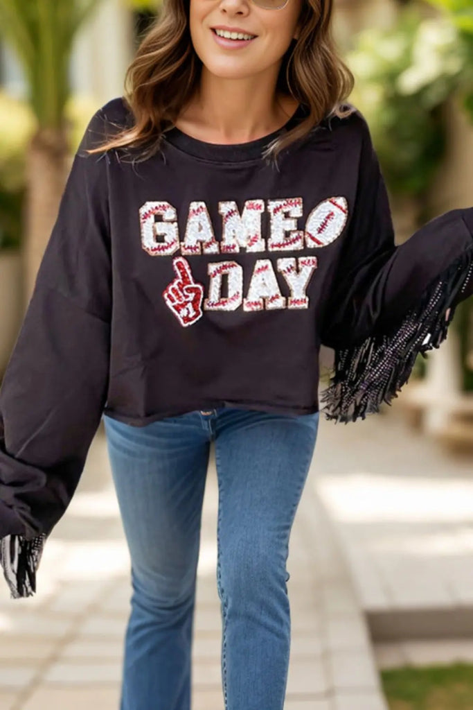 GAME DAY Fringe Long Sleeve Sweatshirt - Black by Trendsi from FREYA’S CLOSET