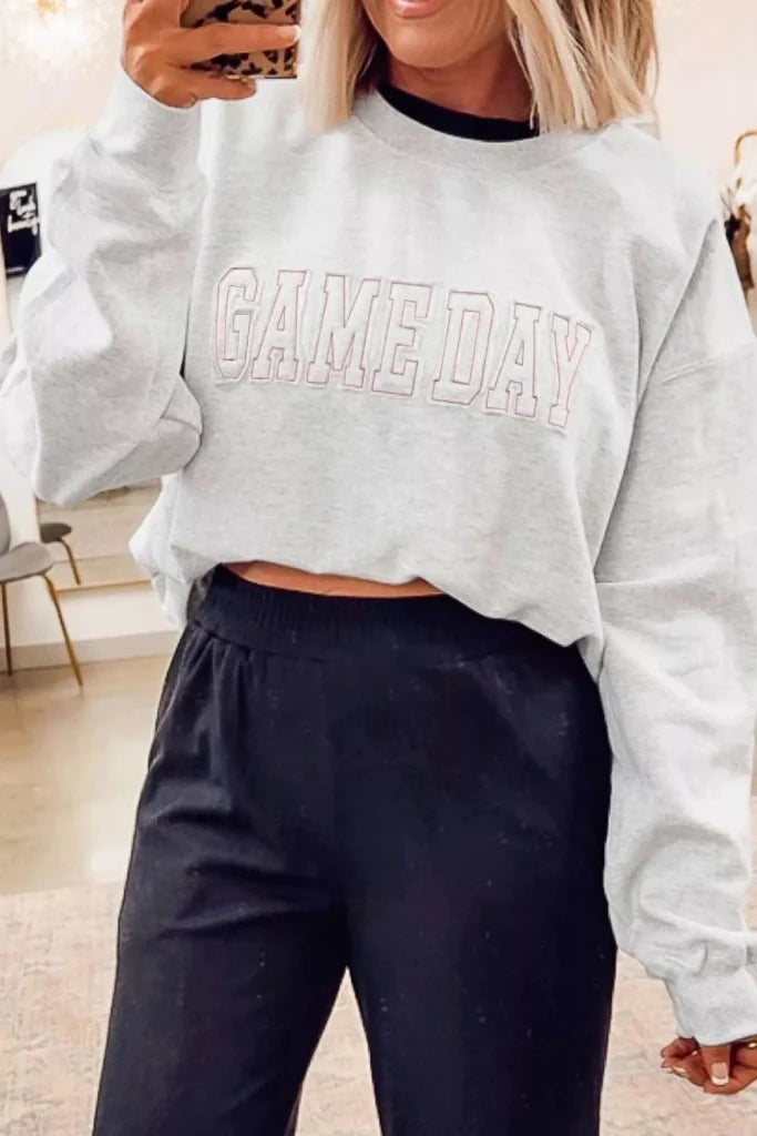 Game Day Letter Embroidery Long Sleeve Round Neck Sweatshirt - Light Gray by Trendsi from FREYA’S CLOSET