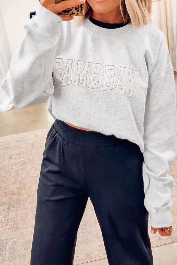 Game Day Letter Embroidery Long Sleeve Round Neck Sweatshirt - Light Gray by Trendsi from FREYA’S CLOSET