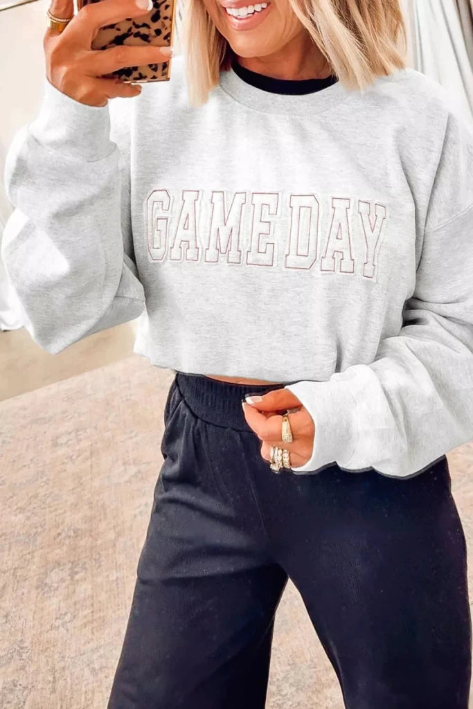 Game Day Letter Embroidery Long Sleeve Round Neck Sweatshirt - Light Gray by Trendsi from FREYA’S CLOSET