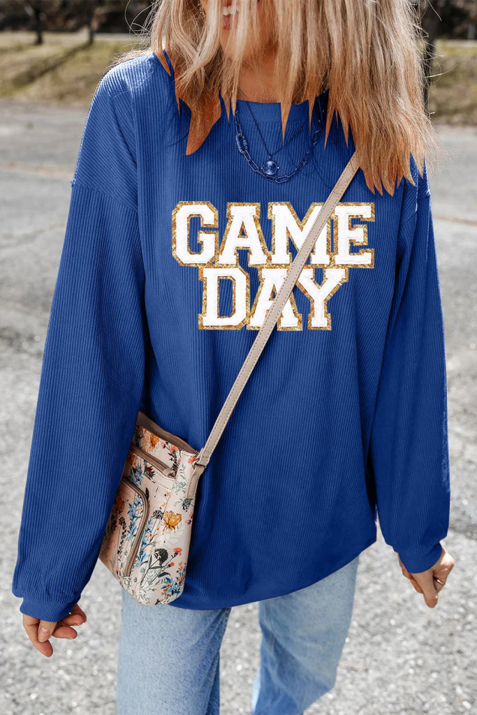 GAME DAY Round Neck Long Sleeve Sweatshirt - Peacock Blue by Trendsi from FREYA’S CLOSET