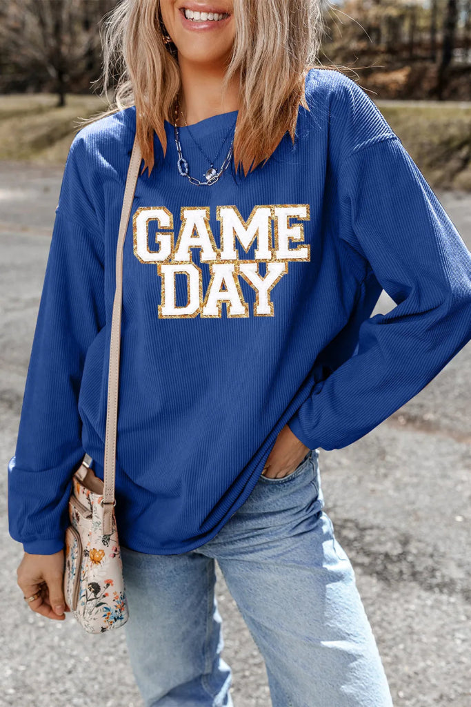 GAME DAY Round Neck Long Sleeve Sweatshirt - Peacock Blue by Trendsi from FREYA’S CLOSET