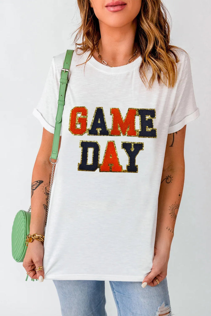 GAME DAY Round Neck Short Sleeve T-Shirt - White by Trendsi from FREYA’S CLOSET