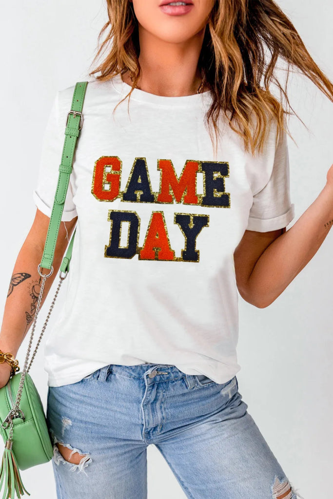 GAME DAY Round Neck Short Sleeve T-Shirt - White by Trendsi from FREYA’S CLOSET