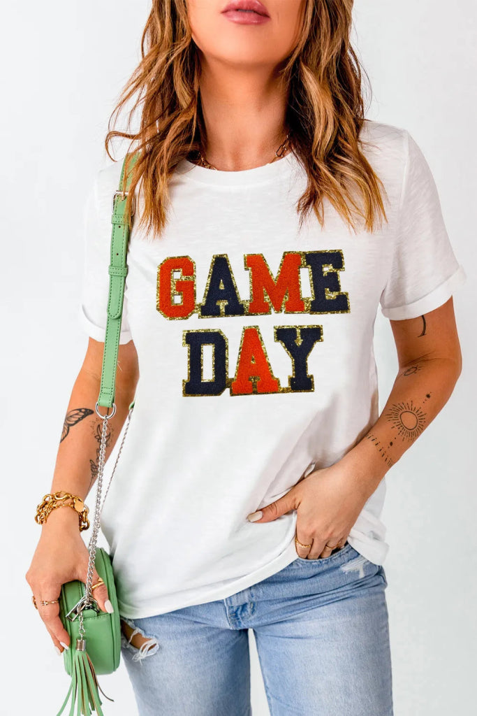 GAME DAY Round Neck Short Sleeve T-Shirt - White by Trendsi from FREYA’S CLOSET