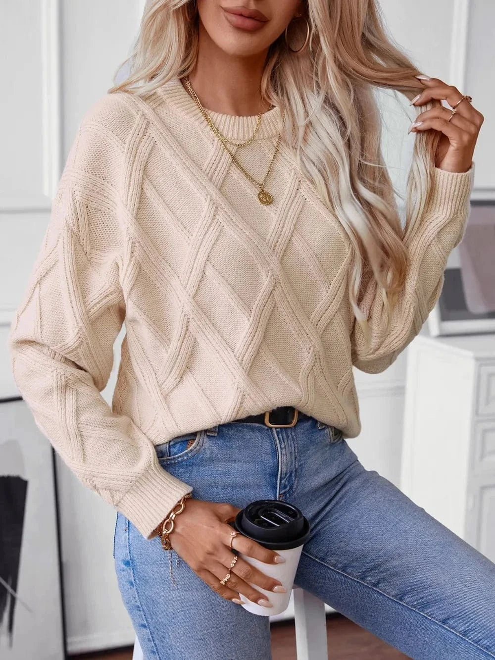 Trendsi Shirts and Blouse Geometric Round Neck Long Sleeve Sweater