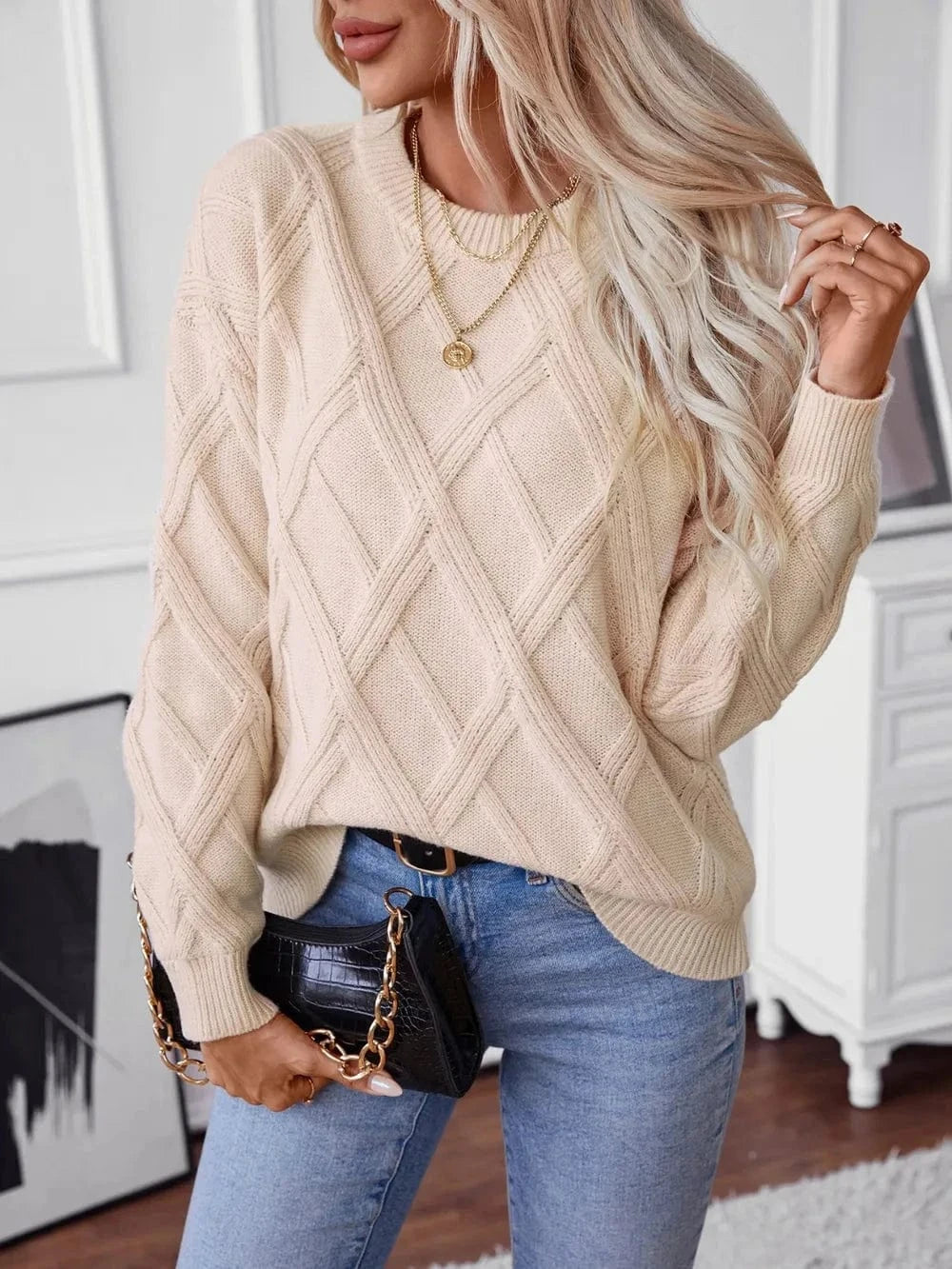 Trendsi Shirts and Blouse Geometric Round Neck Long Sleeve Sweater