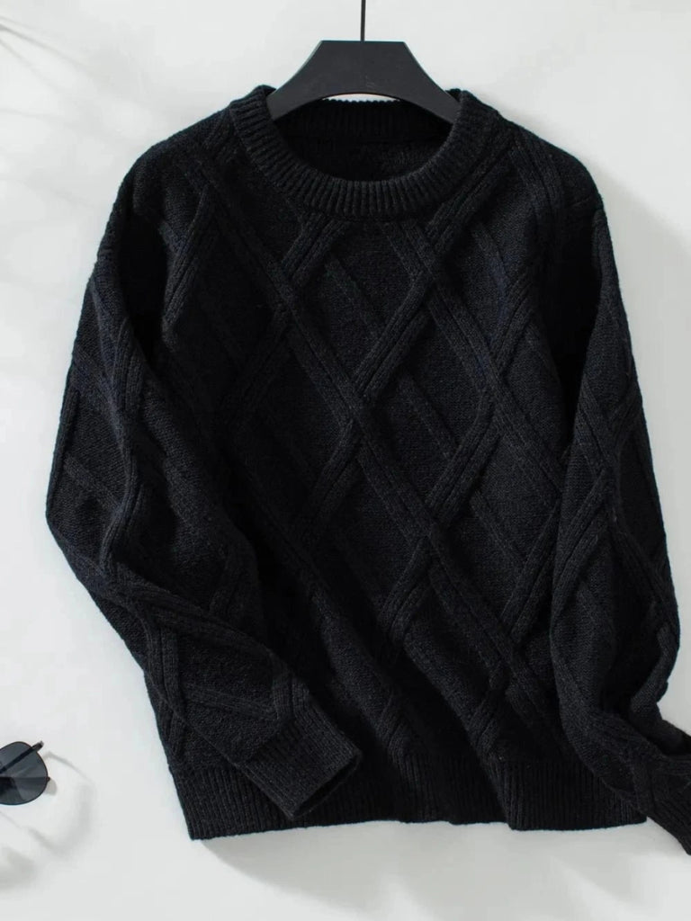 Geometric Round Neck Long Sleeve Sweater - Black by Trendsi from FREYA’S CLOSET