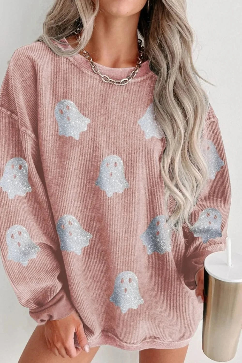 Trendsi Pale Blush / S Ghost Round Neck Oversized Sweatshirt