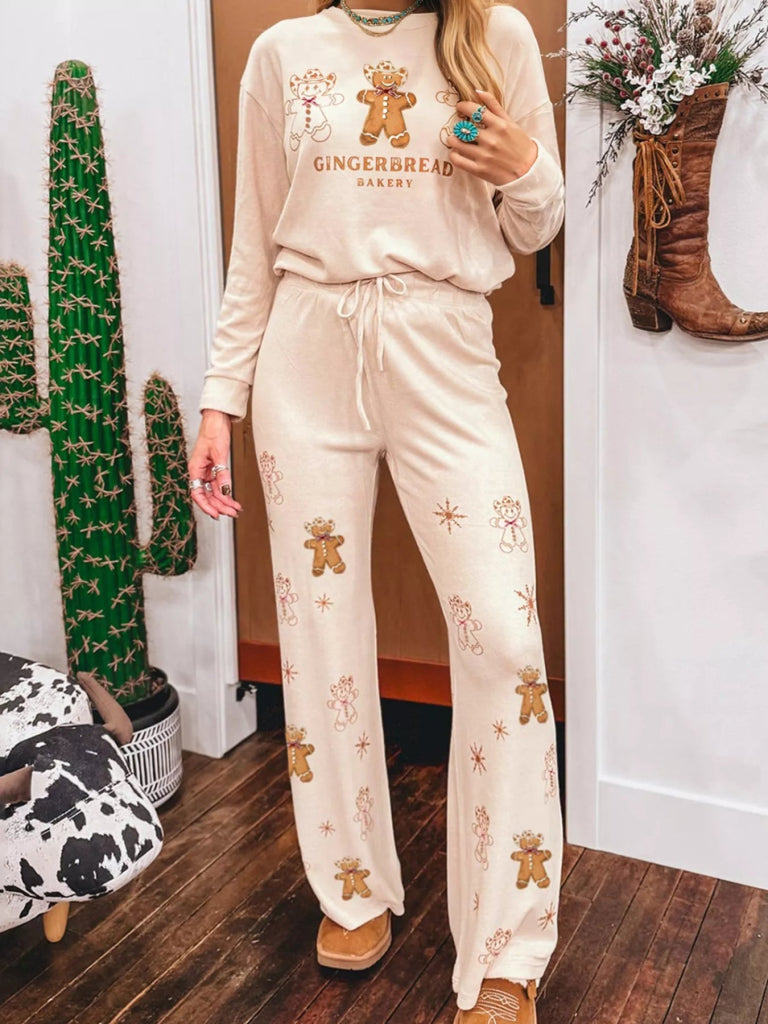 GINGERBREAD BAKERY Christmas Long Sleeve Top and Pants 2pcs Set - Eggshell by Trendsi from FREYA’S CLOSET