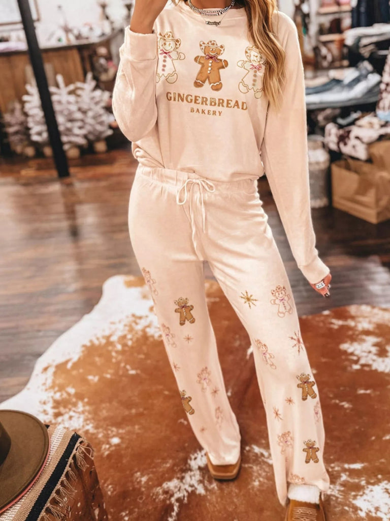 GINGERBREAD BAKERY Christmas Long Sleeve Top and Pants 2pcs Set - Eggshell by Trendsi from FREYA’S CLOSET