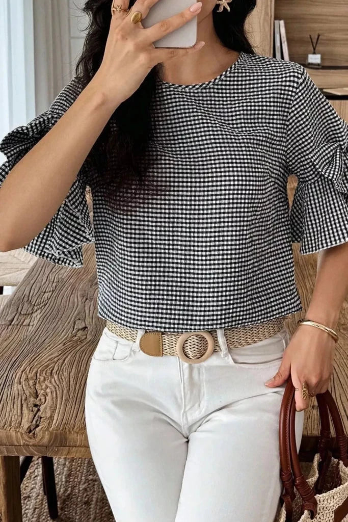 Gingham Bow Half Sleeve Blouse - Black by Trendsi from FREYA’S CLOSET