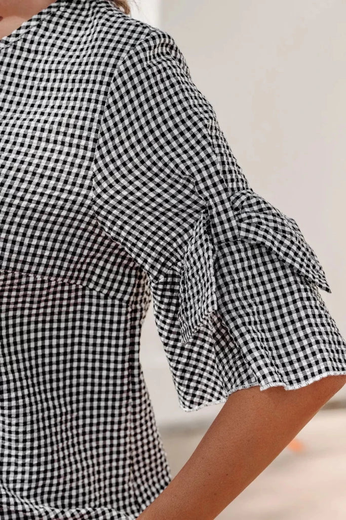 Gingham Bow Half Sleeve Blouse - Black by Trendsi from FREYA’S CLOSET