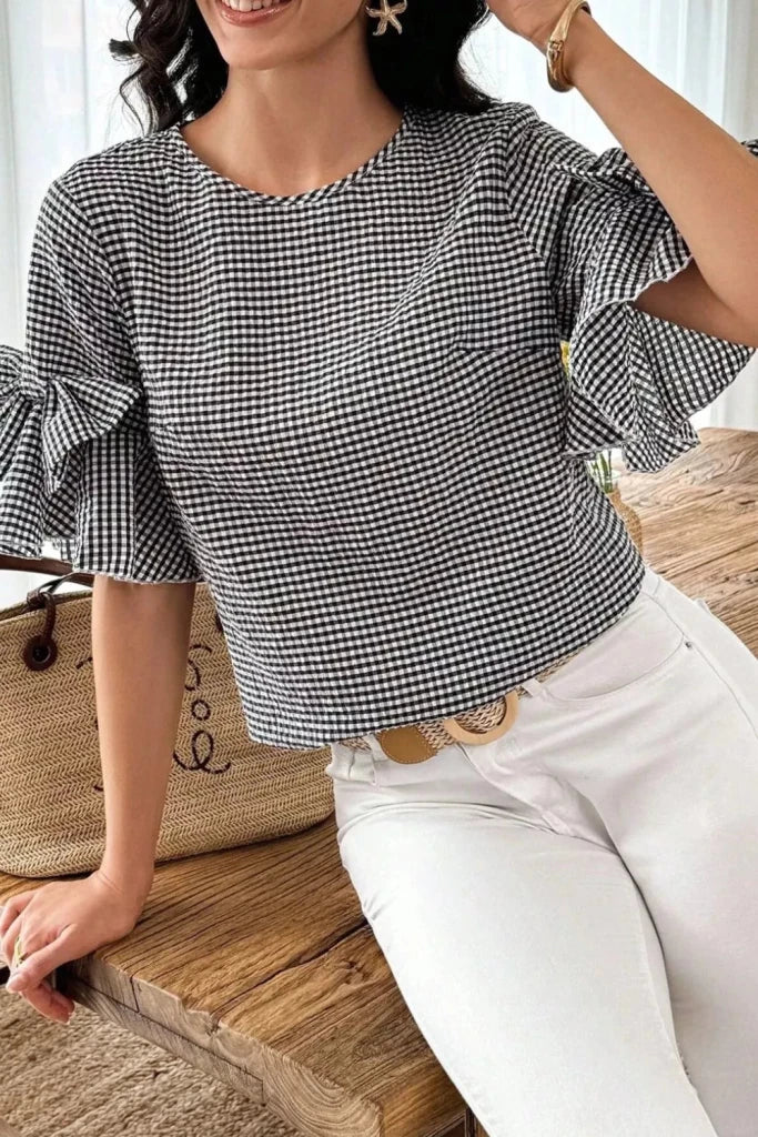Gingham Bow Half Sleeve Blouse - Black by Trendsi from FREYA’S CLOSET