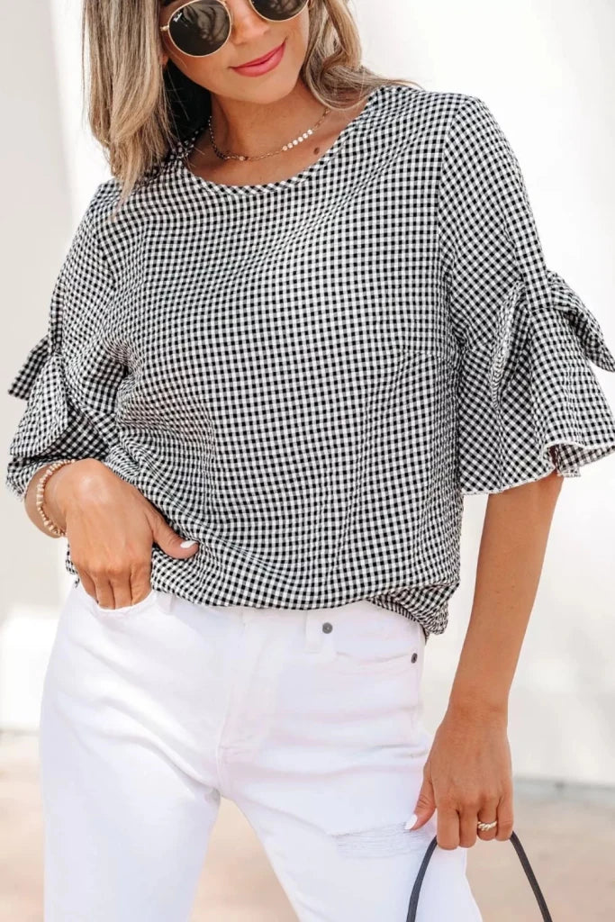 Gingham Bow Half Sleeve Blouse - Black by Trendsi from FREYA’S CLOSET