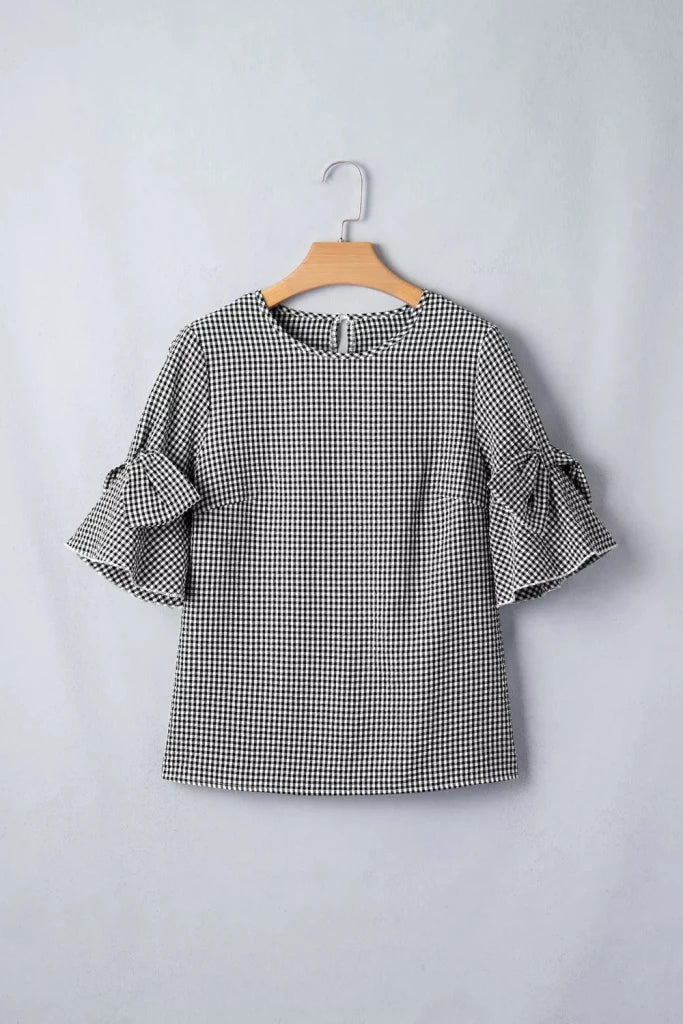 Gingham Bow Half Sleeve Blouse - Black by Trendsi from FREYA’S CLOSET