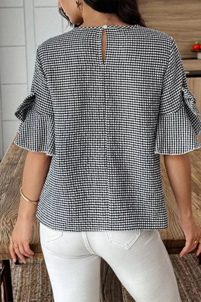 Gingham Bow Half Sleeve Blouse - Black by Trendsi from FREYA’S CLOSET