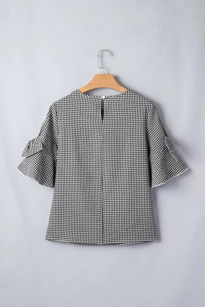 Gingham Bow Half Sleeve Blouse - Black by Trendsi from FREYA’S CLOSET