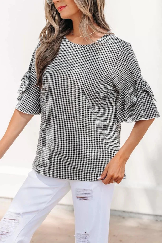 Gingham Bow Half Sleeve Blouse - Black by Trendsi from FREYA’S CLOSET