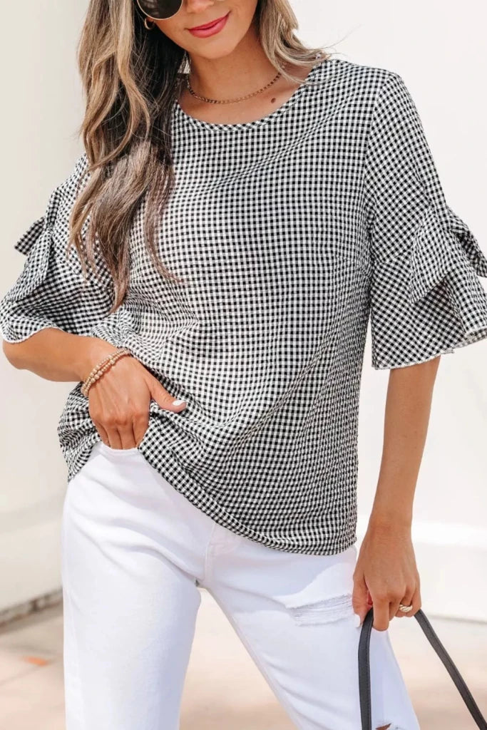 Gingham Bow Half Sleeve Blouse - Black by Trendsi from FREYA’S CLOSET