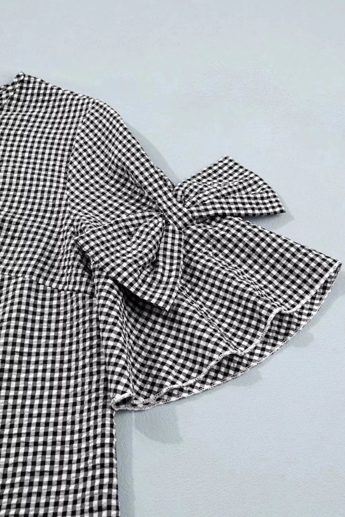 Gingham Bow Half Sleeve Blouse - Black by Trendsi from FREYA’S CLOSET