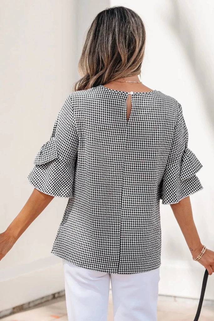 Gingham Bow Half Sleeve Blouse - Black by Trendsi from FREYA’S CLOSET
