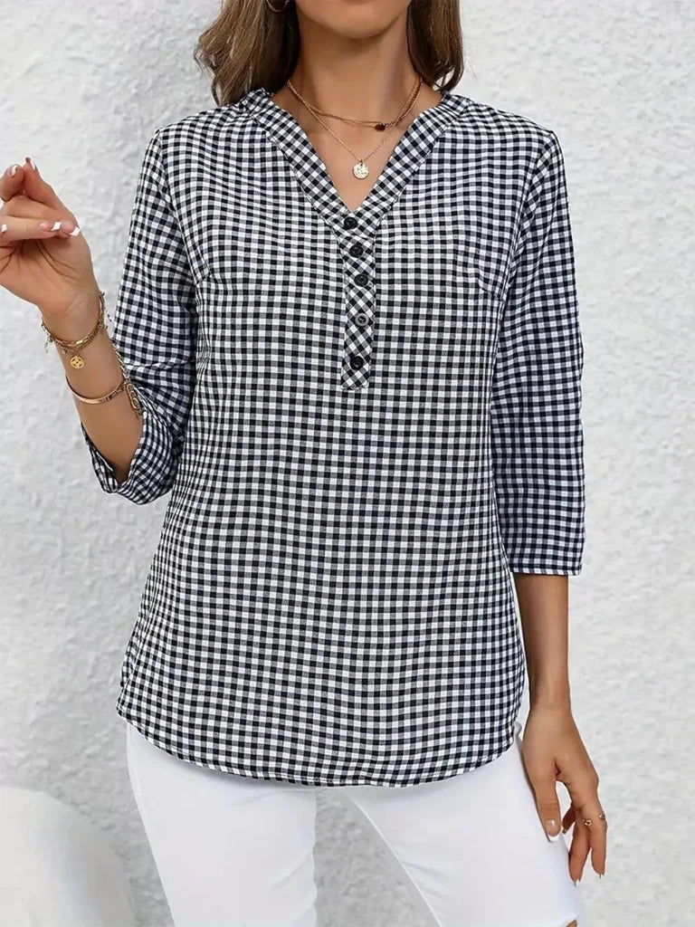 Gingham Button Detail Blouse - Black by Trendsi from FREYA’S CLOSET