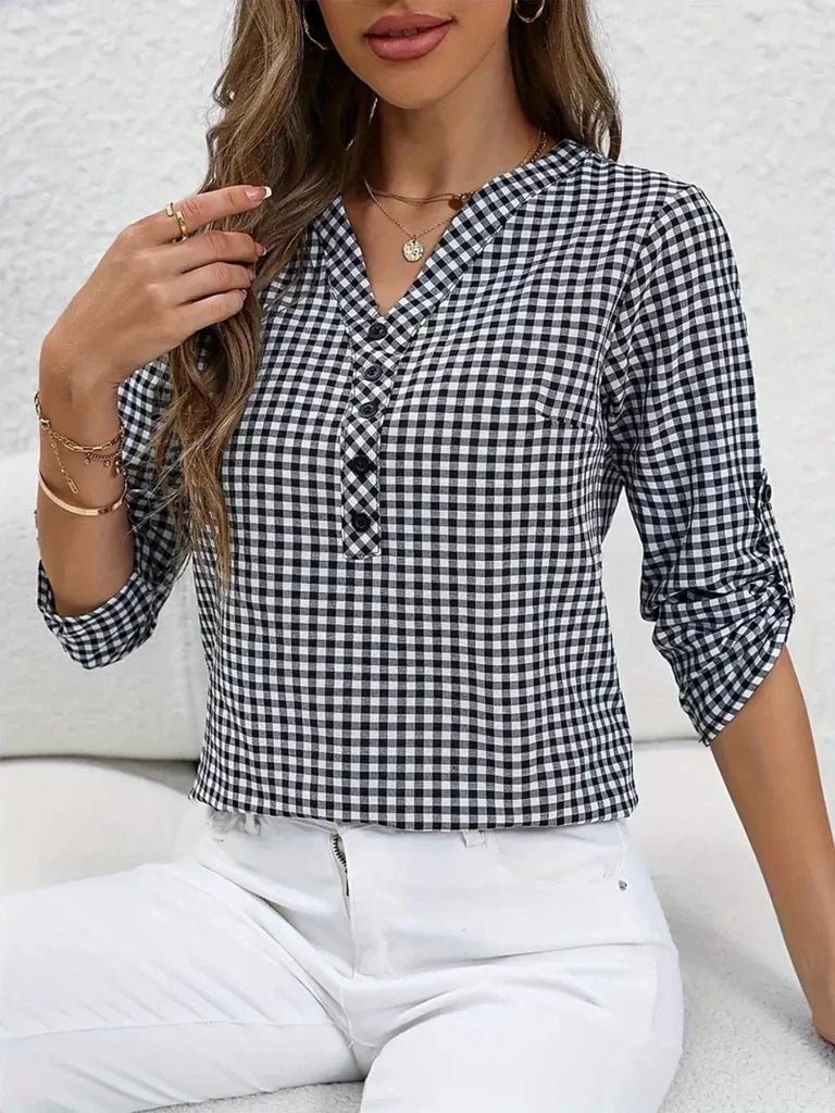 Gingham Button Detail Blouse - Black by Trendsi from FREYA’S CLOSET