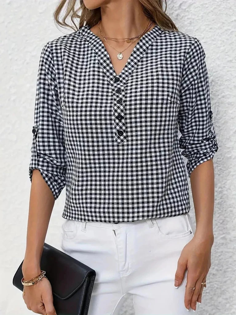 Gingham Button Detail Blouse - Black by Trendsi from FREYA’S CLOSET