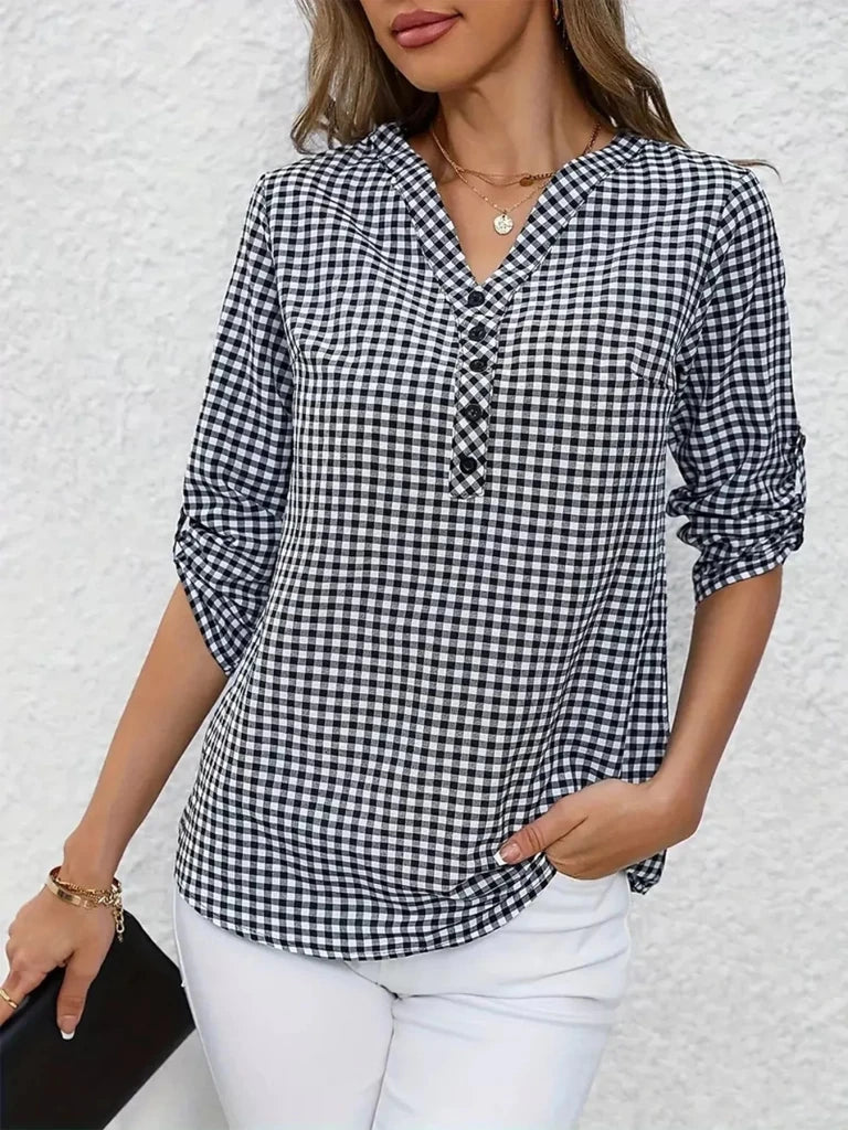 Gingham Button Detail Blouse - Black by Trendsi from FREYA’S CLOSET