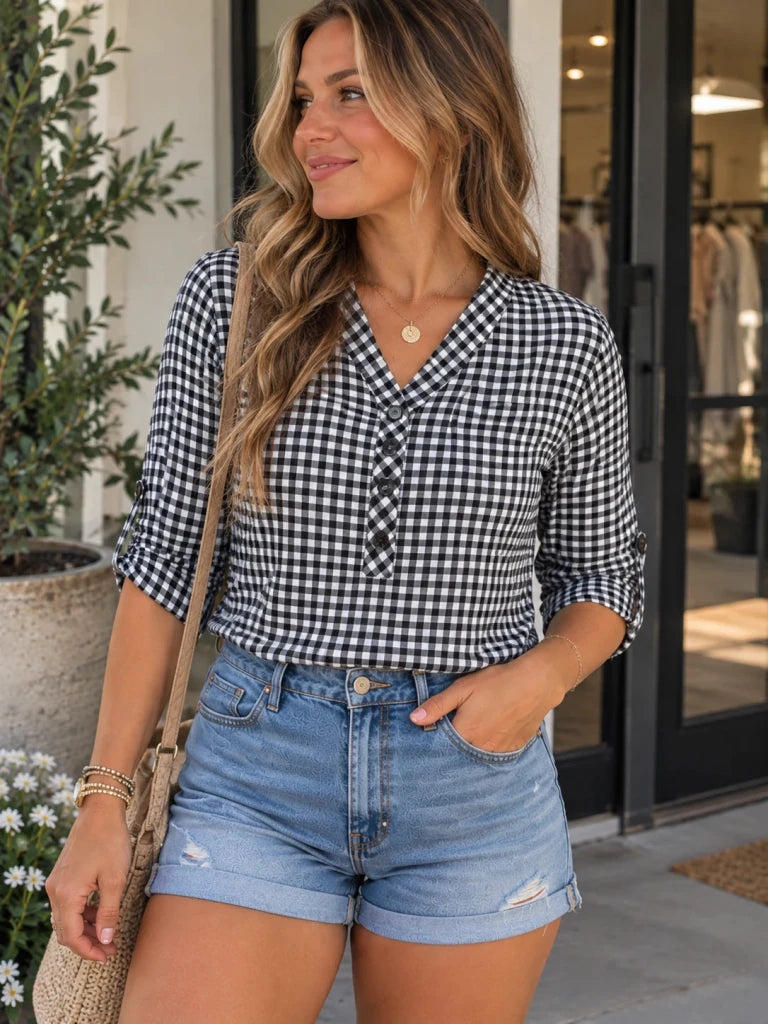 Gingham Button Detail Blouse - Black by Trendsi from FREYA’S CLOSET